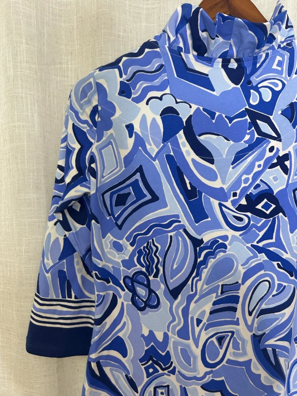 Barbara Erickson Blue Patterned Tunic Ruffle Neck Dress Size Small - Picture 8 of 11